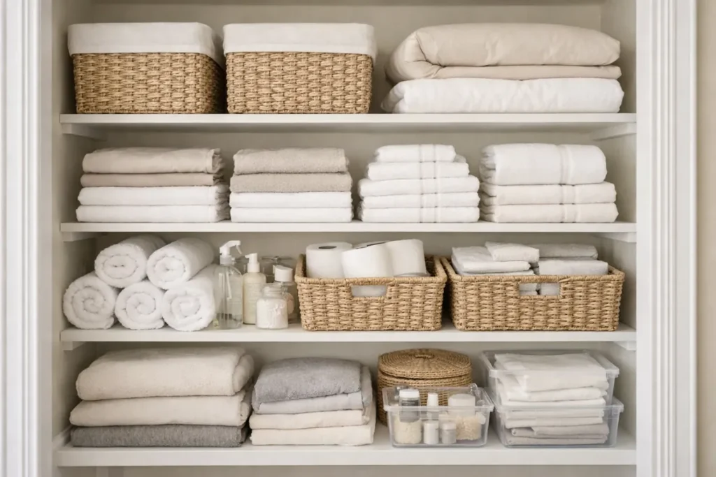 neatly organized linen closet with folded towels and baskets