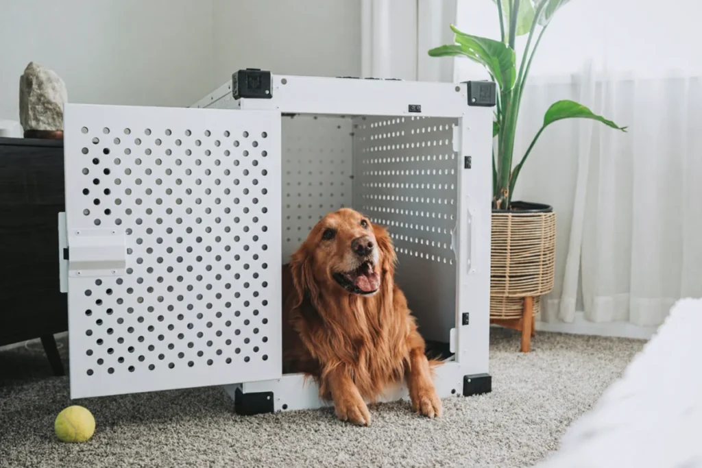 Dog resting in a white crate in a bright living room