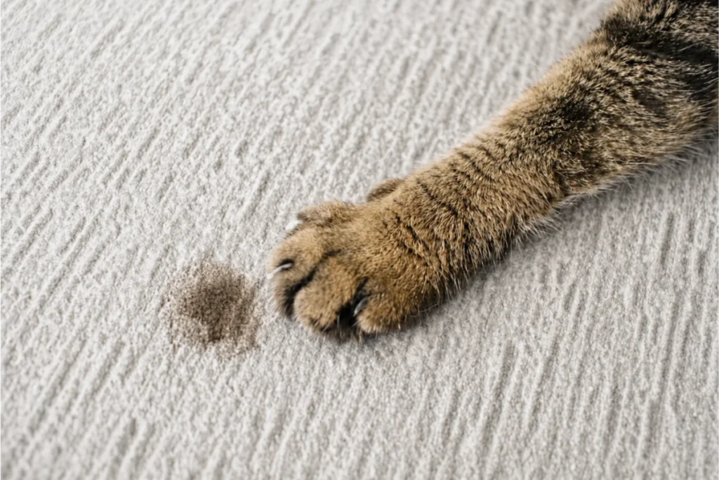 Cat paw beside a dark stain on a light carpet