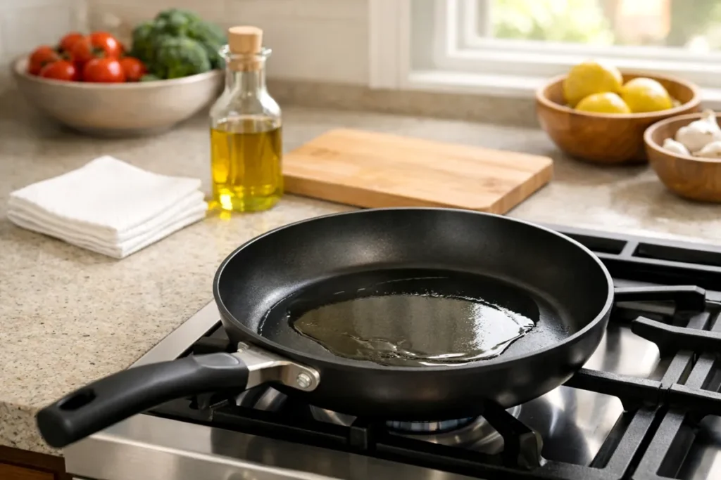 Pan heating with oil on a stovetop in a clean kitchen