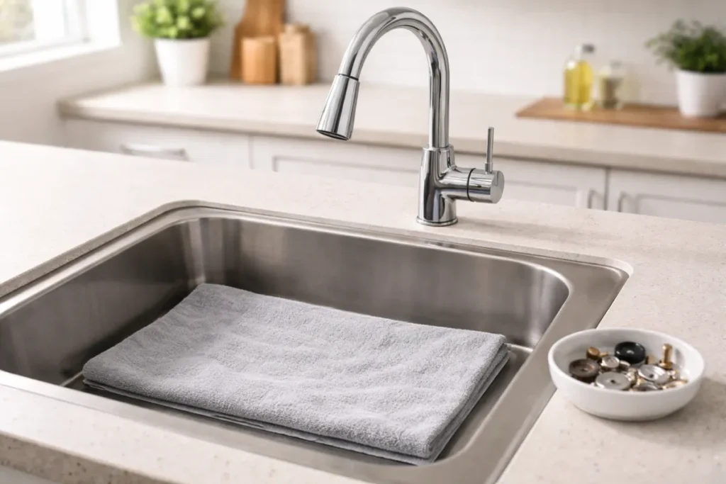 kitchen sink setup with towel and faucet parts ready for simple repair