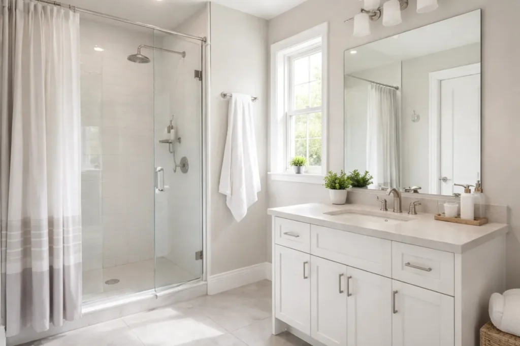 Clean bathroom with open window and dry surfaces after a shower