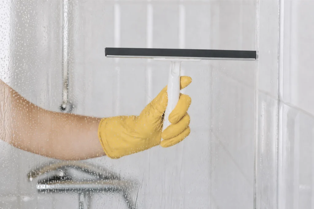 wiping wet shower glass after use with a squeegee