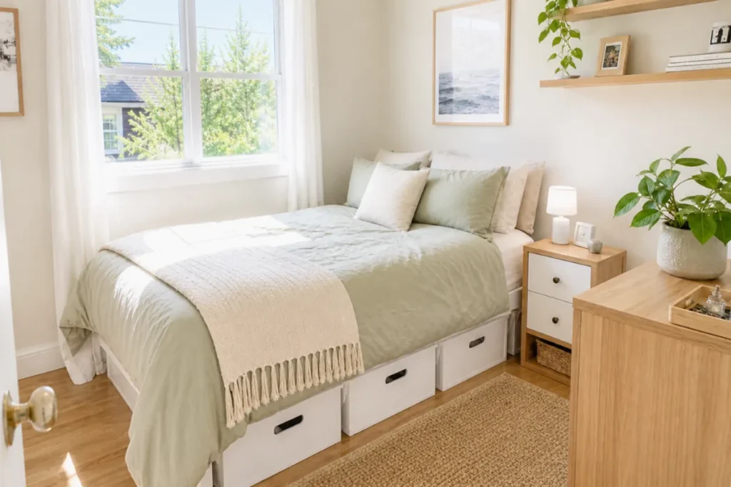 Bright small bedroom with under-bed storage and clear walking space