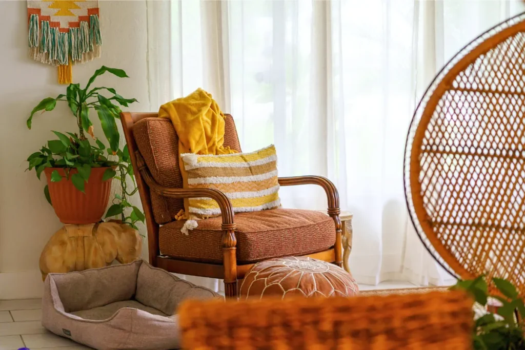 Cozy dog room decor with a dog bed in a bright home corner