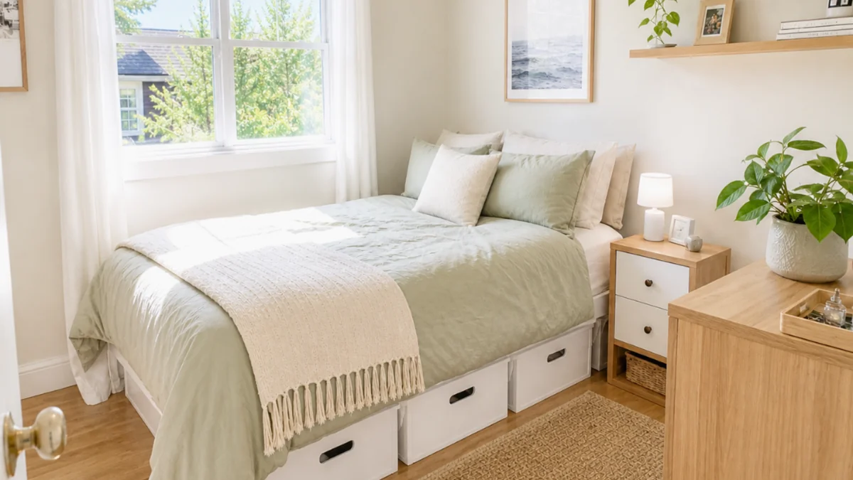 small bedroom organization ideas in a bright bedroom with under-bed storage