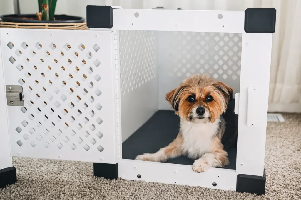 Small dog resting inside an easy-clean white dog crate