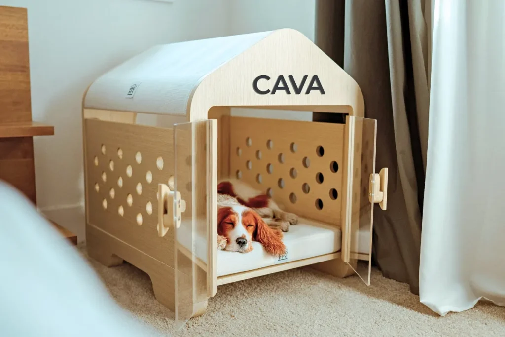 Wooden dog crate with a small dog resting inside a cozy bedroom