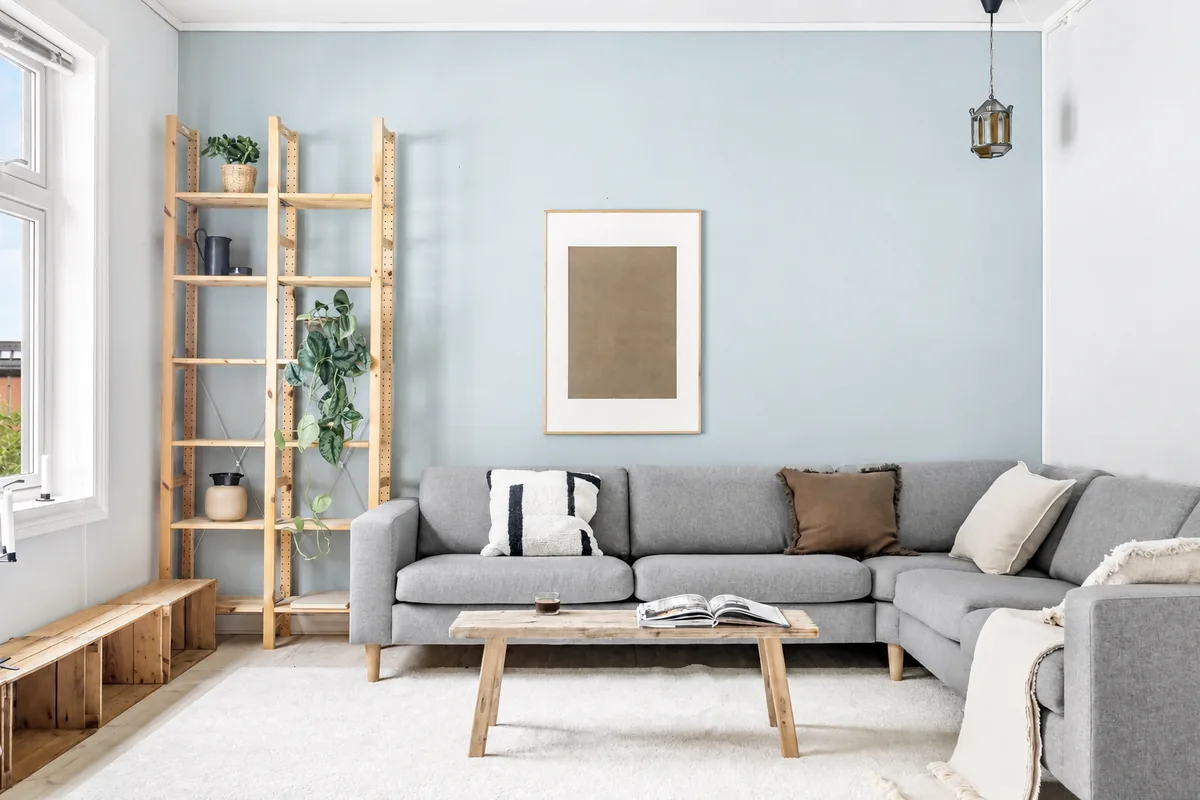 bright clean living room with gray sectional sofa, plants, and natural light