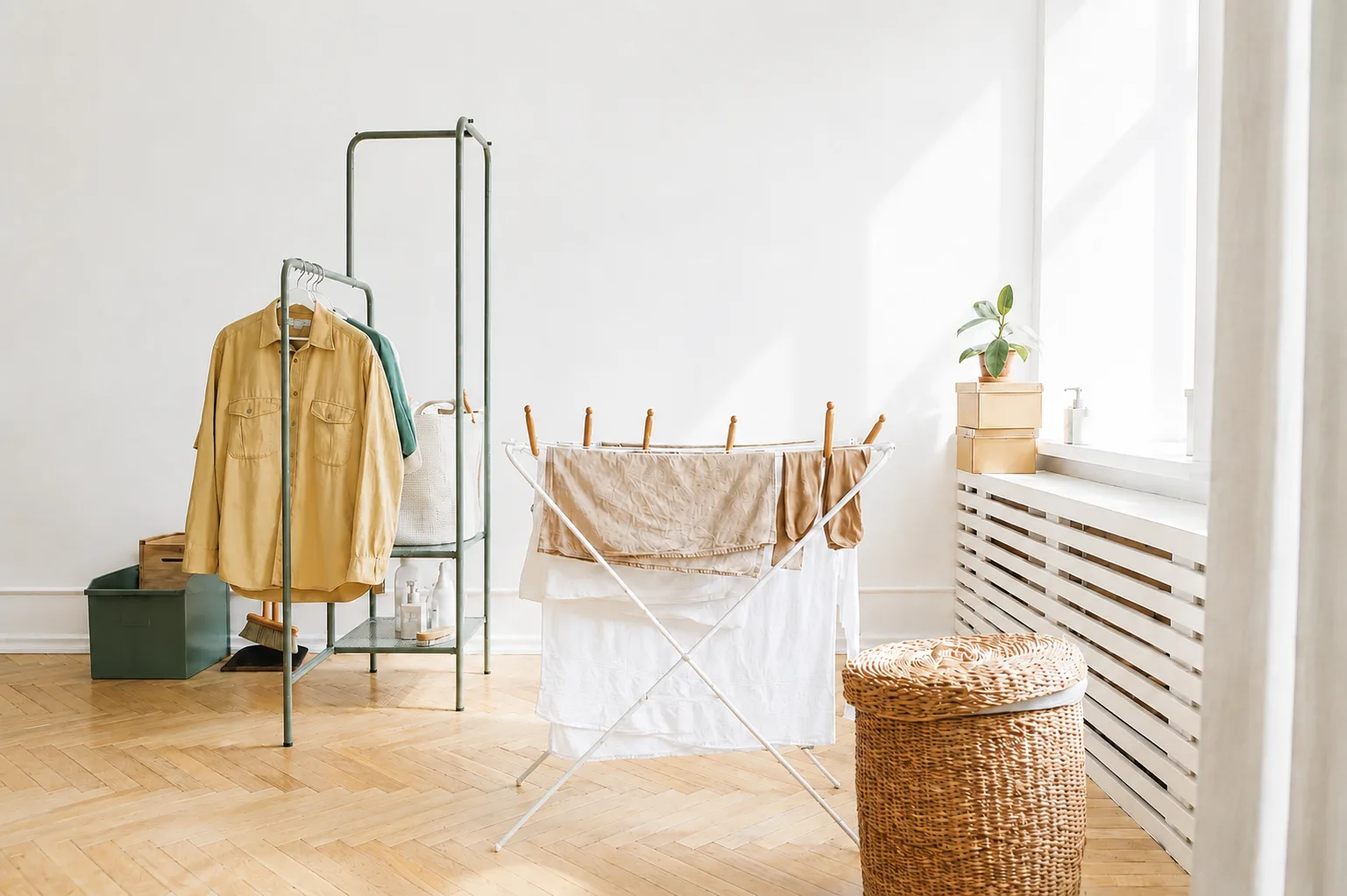bright laundry room with drying rack, clothes, and woven hamper